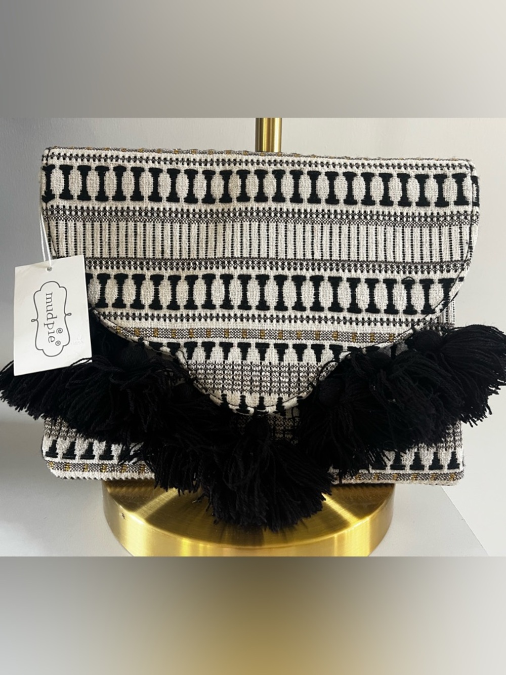 🆕Mudpie Black, White, and Gold Tassel Clutch